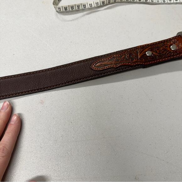 Nocona Tooled Brown Leather Belt Western Unisex 22 Floral Boho Silver Hardwear - Picture 5 of 10